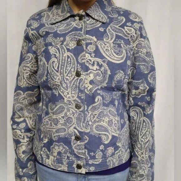 Croft and Barrow Blue Paisley Cotton Jean Jacket Size 8! - Picture 1 of 16